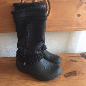Crocs Nadia Fur Boots Suede Wool Roll Down Winter Boots Black Sz 7
